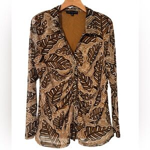 Jane & Delancey Anthropologie Brown Leaf-Print Button Front Top